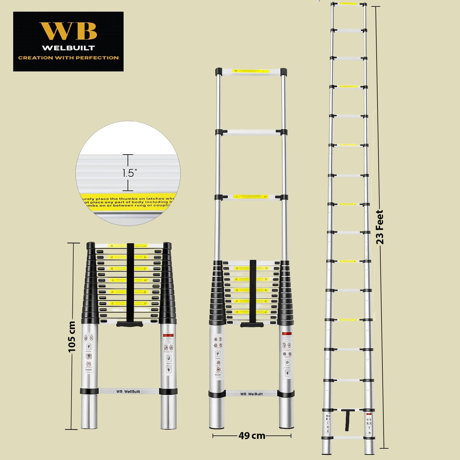 Welbuilt 23Feet (7Meter) Telescopic Ladder 16 Step | 2-Year Warranty | EN131 Certified Foldable Multipurpose Ladder for Home & Outdoor use-Building Supplies-Welbuilt Products-Aman Overseas