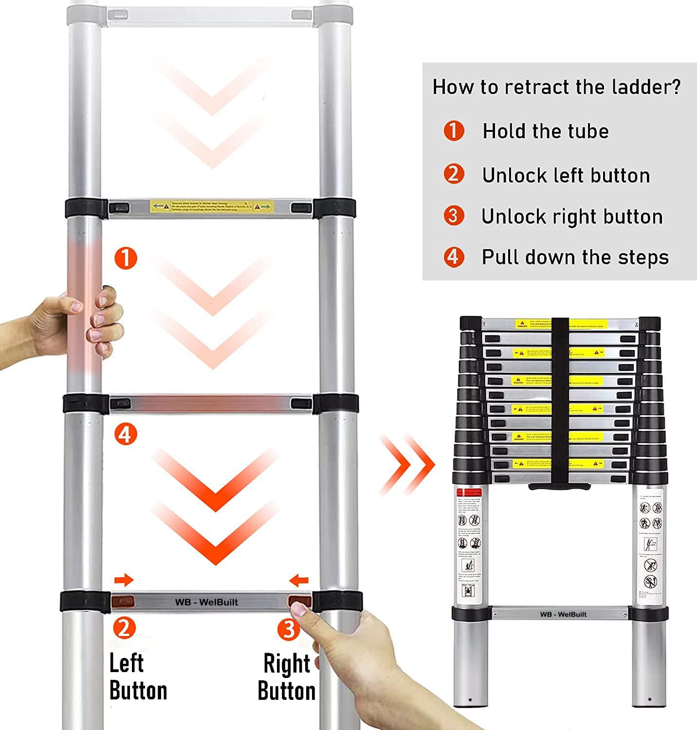 Welbuilt Portable & Compact Aluminium Telescopic Ladder | EN131 Certified Steps Foldable Multipurpose Step Ladder for Home & Outdoor use (26.5 Feet Aluminium)-Building Supplies-Welbuilt Products-Aman Overseas
