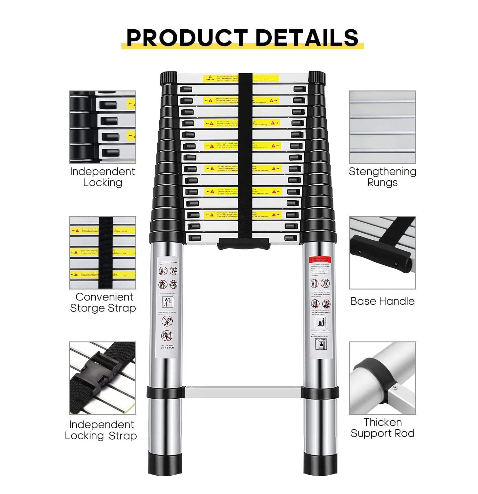 Welbuilt 6.2 Meter (20.5 ft) Telescopic Aluminium Ladder-Stores at 3.8 ft Zero Flex Technology - Stabilizer,Anti Skid feet | 2-Year Warranty EN131 Certified 16-Steps |-Building Supplies-Welbuilt Products-Aman Overseas