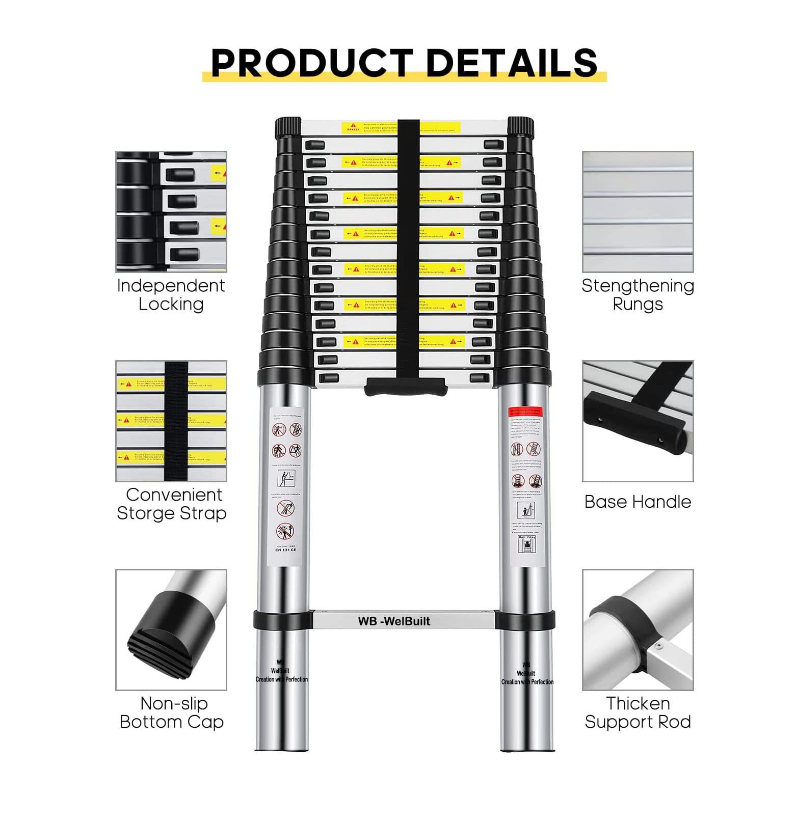 Welbuilt 7 Meter (23 Feet) Telescopic Ladder | 2-Year Warranty | EN131 Certified Foldable Multipurpose 16 Step Ladder for Home & Outdoor use-Building Supplies-Welbuilt Products-Aman Overseas