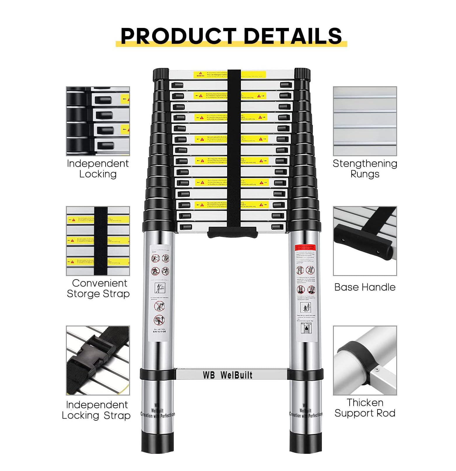 Welbuilt 23 Feet (7 Meter) 18 Step Portable & Compact Telescopic Ladder | 2-Year Warranty | EN131 Certified Foldable Multipurpose Step Ladder for Home & Outdoor use (23 Feet Aluminium)-Building Supplies-Welbuilt Products-Aman Overseas