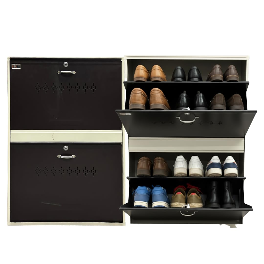 Double Decker Metal Shoe Rack for Home | Capacity-12 Pairs, 2 Door 4 Shelf | H-34, W-26, D-9.5" (inches)| Shoe Cabinet for Home with Lock | Wall Mount - DIY | 100% Powder Coated | White