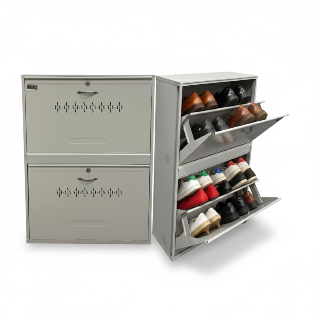 Double Decker Metal Shoe Rack for Home | Capacity-12, Pairs, 2 Door 4 Shelf | H-34, W-26, D-9.5" (inches)| Shoe Cabinet for Home with Lock | Wall Mount - DIY | 100% Powder Coated | White