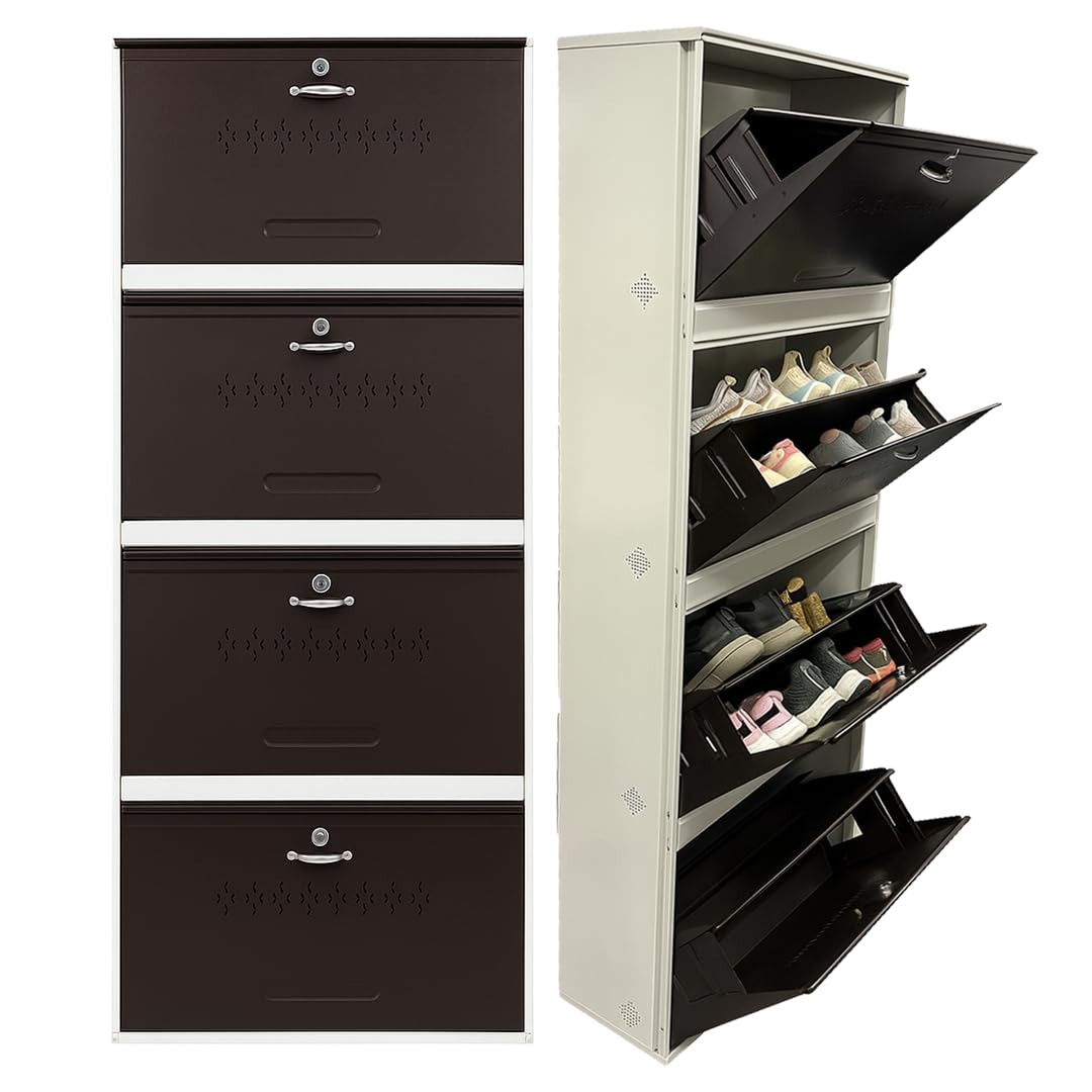 26" Wall Mounted Double Decker Metal Shoe Rack 4 Door | 24 Pairs Footwear | Shoe Chappal Stand Organizer with Lock