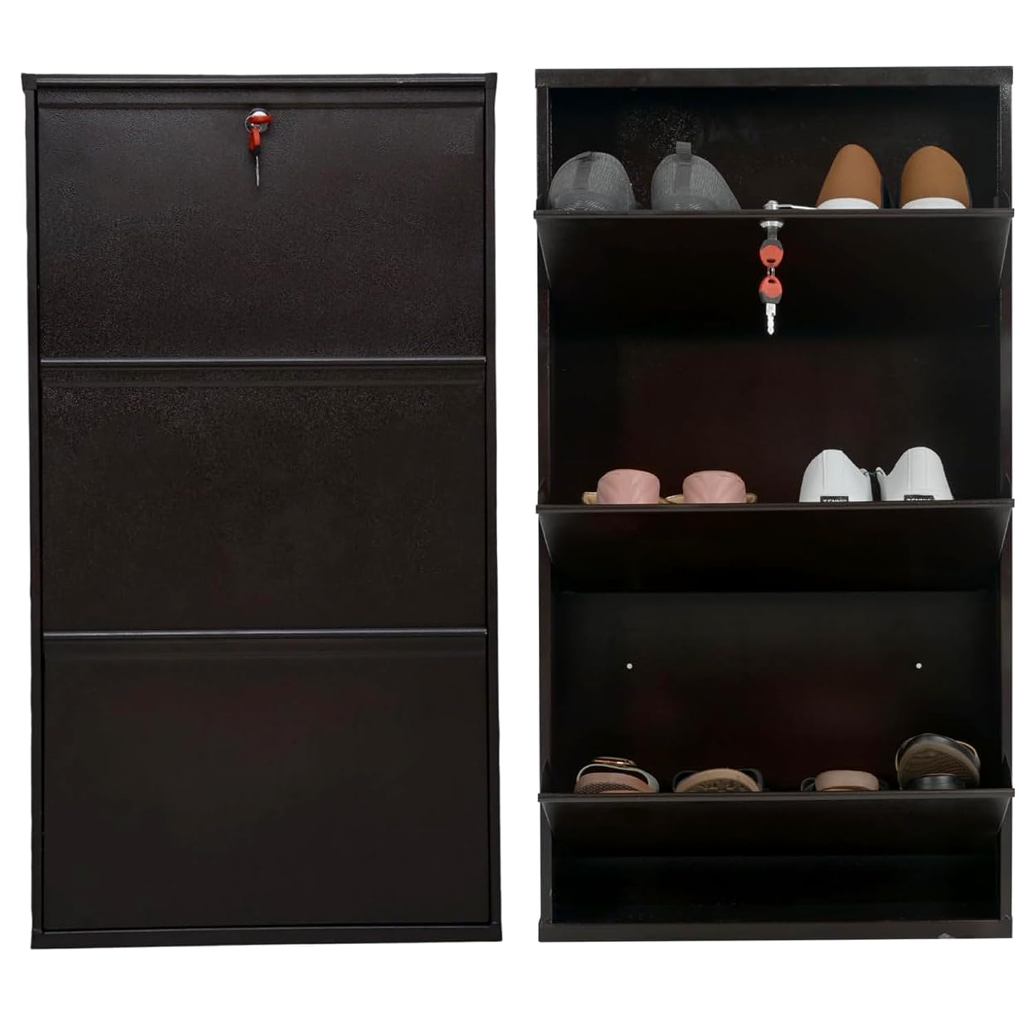 32" Wall Mounted Metal Shoe Rack 3 Door | 10-12 Pairs Footwear | Shoe Chappal Stand Organizer with Lock