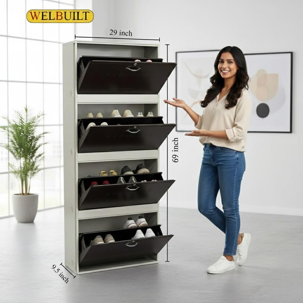 26" Wall Mounted Double Decker Metal Shoe Rack 4 Door | 24 Pairs Footwear | Shoe Chappal Stand Organizer with Lock