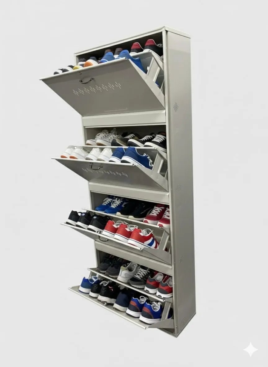 Double Decker Metal Shoe Rack for Home | Capacity-24 Pairs, 4 Door 8 Shelf | H-69, W-26, D-9.5" (inches)| Shoe Cabinet for Home with Lock | Wall Mount - DIY | 100% Powder Coated | White