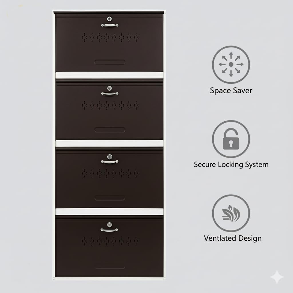 Double decker Metal Shoe Rack for Home | Capacity-24 pairs , 4 door 8 shelf | H-69", W-26", D-9.5" (inches)| Shoe Cabinet for Home with Lock | Wall Mount - DIY | 100% Powder Coated | White and Brown