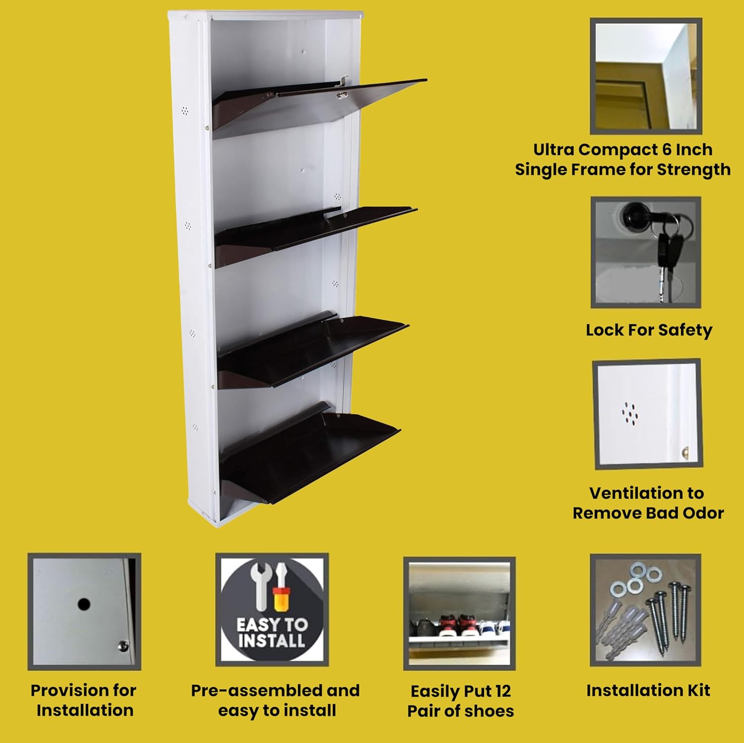 26" Wall Mounted Metal Shoe Rack 4 Door | 12 Pairs Footwear | Shoe Chappal Stand Organizer with Lock