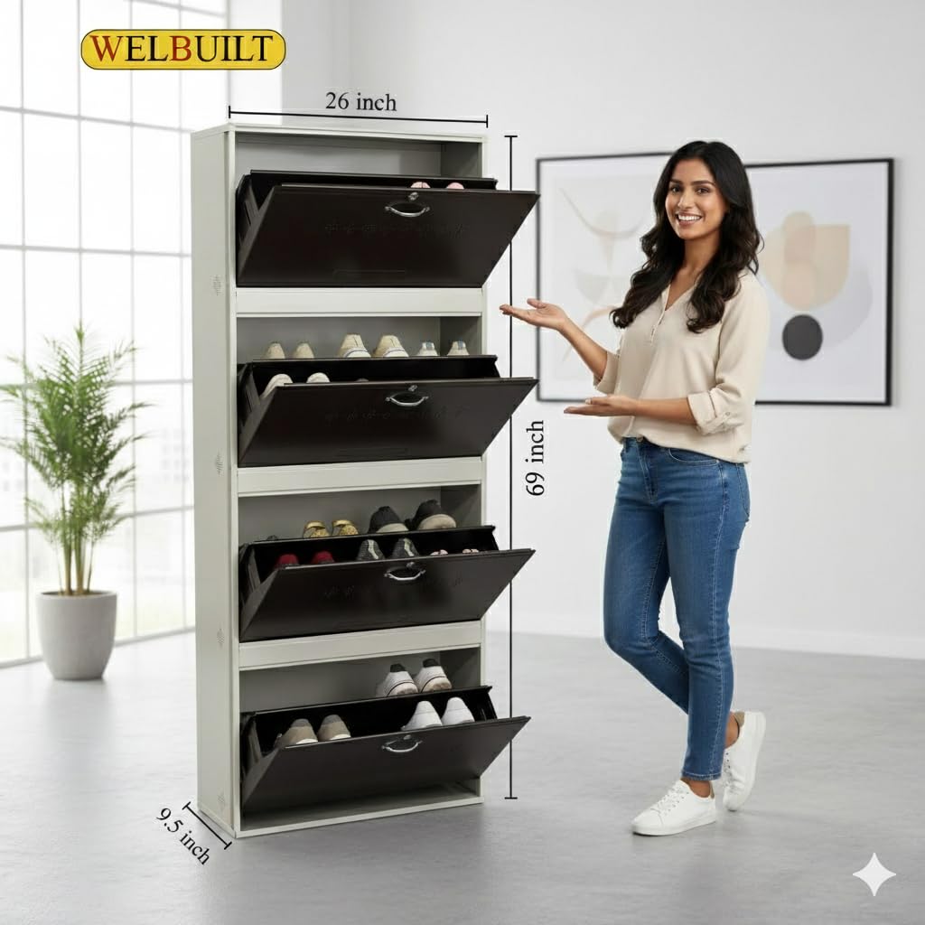 Double decker Metal Shoe Rack for Home | Capacity-24 pairs , 4 door 8 shelf | H-69", W-26", D-9.5" (inches)| Shoe Cabinet for Home with Lock | Wall Mount - DIY | 100% Powder Coated | White and Brown