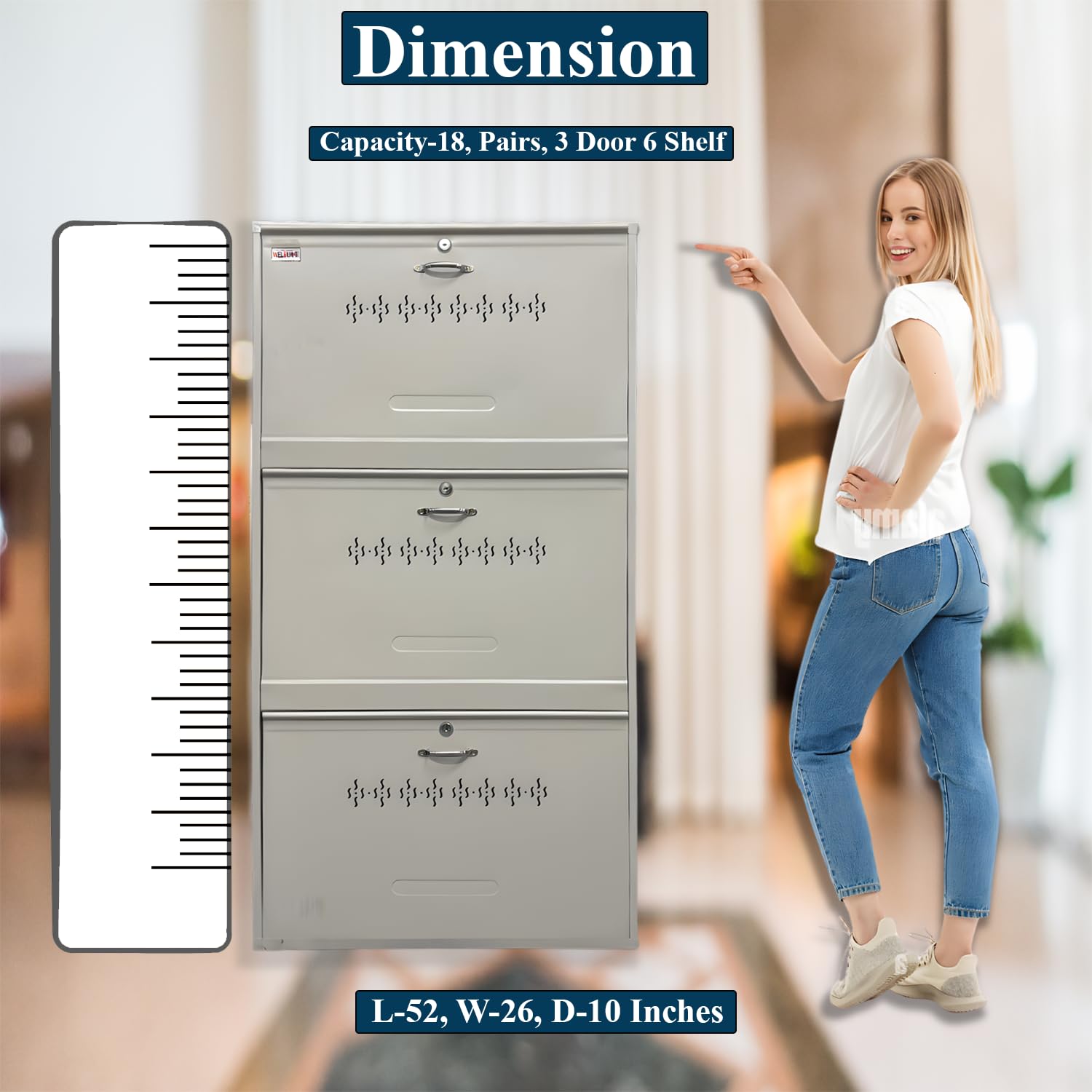 Double Decker Metal Shoe Rack for Home | Capacity-18 Pairs, 3 Door 6 Shelf | H-47, W-26, D-9.5" (inches)| Shoe Cabinet for Home with Lock | Wall Mount - DIY | 100% Powder Coated