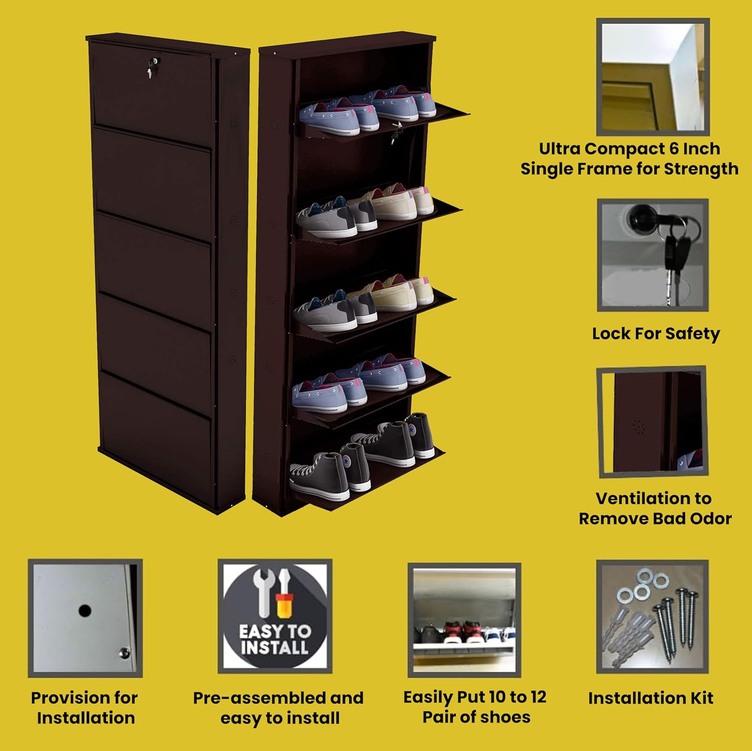21" Wall Mounted Metal Shoe Rack 5 Door | 10-12 Pairs Footwear | Shoe Chappal Stand Organizer with Lock