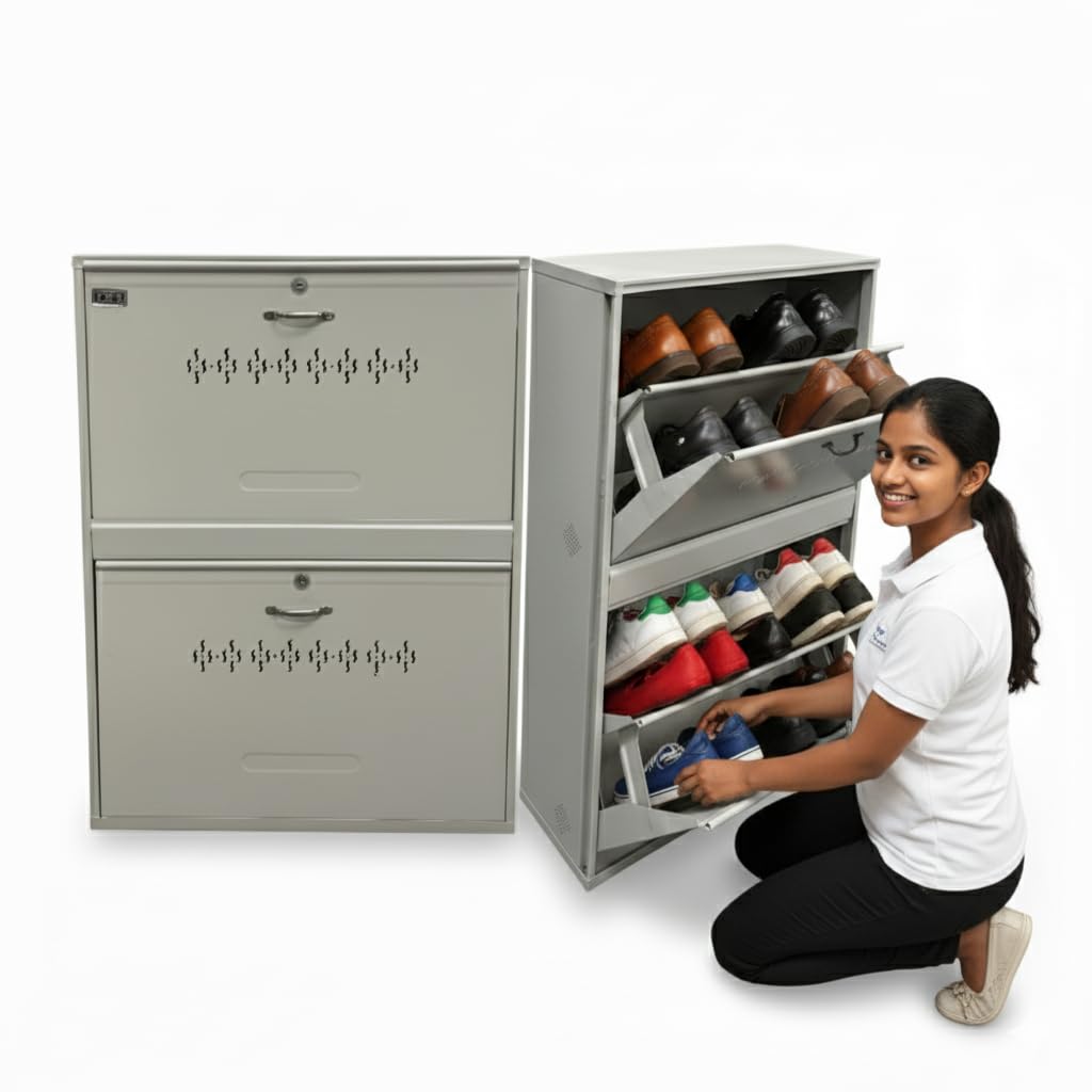 Double Decker Metal Shoe Rack for Home | Capacity-12, Pairs, 2 Door 4 Shelf | H-34, W-26, D-9.5" (inches)| Shoe Cabinet for Home with Lock | Wall Mount - DIY | 100% Powder Coated | White