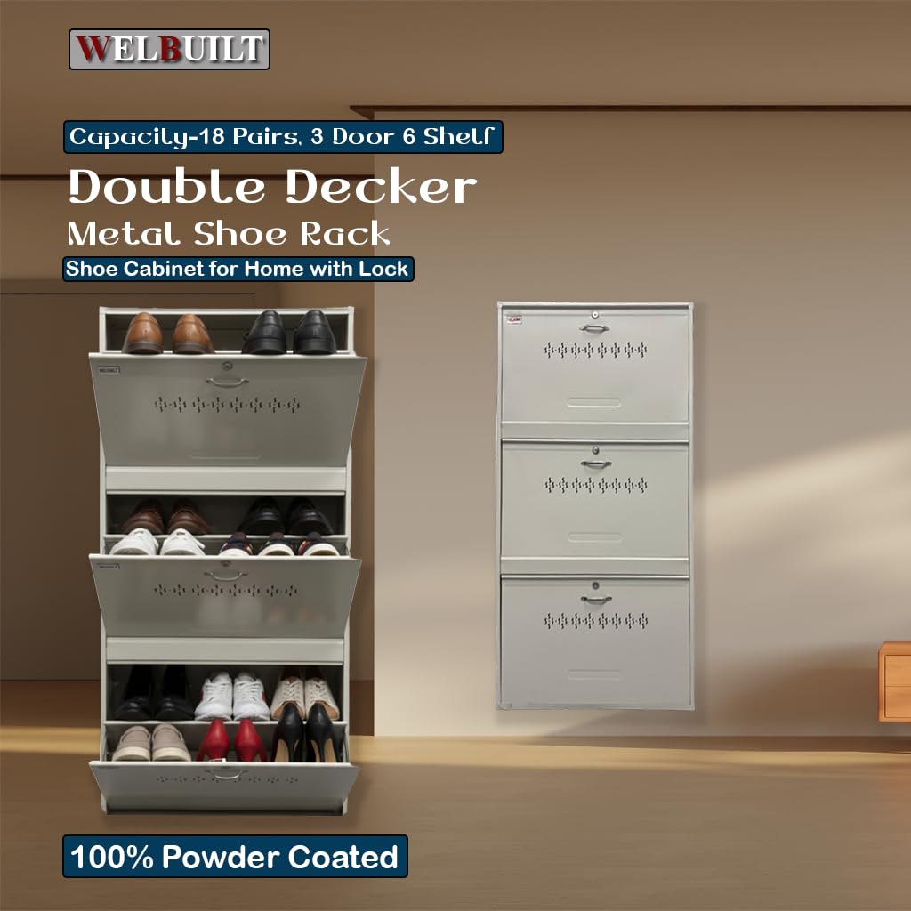 Double Decker Metal Shoe Rack for Home | Capacity-18 Pairs, 3 Door 6 Shelf | H-47, W-26, D-9.5" (inches)| Shoe Cabinet for Home with Lock | Wall Mount - DIY | 100% Powder Coated