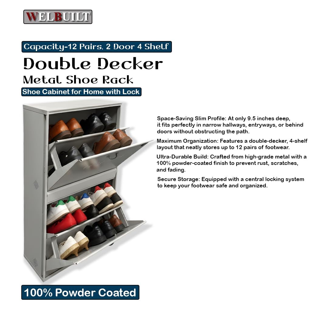 Double Decker Metal Shoe Rack for Home | Capacity-12, Pairs, 2 Door 4 Shelf | H-34, W-26, D-9.5" (inches)| Shoe Cabinet for Home with Lock | Wall Mount - DIY | 100% Powder Coated | White