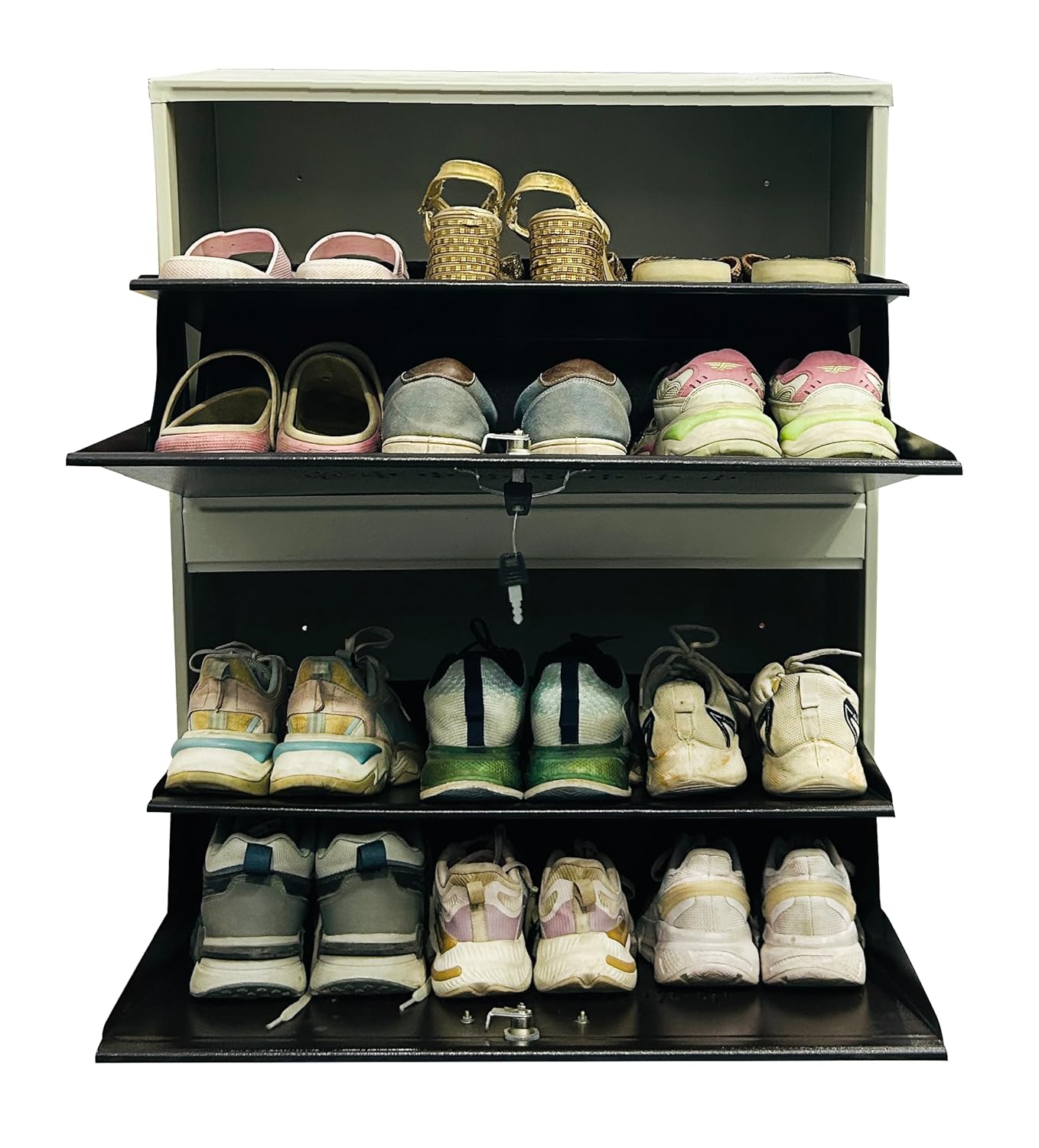 26" Wall Mounted Double Decker Metal Shoe Rack 2 Door | 12 Pairs Footwear | Shoe Chappal Stand Organizer with Lock