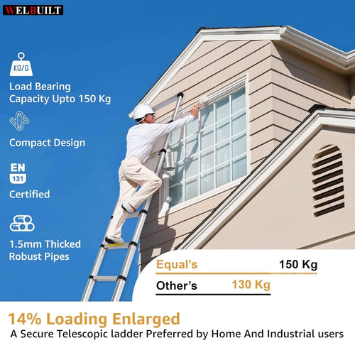 23.6 FT Aluminum Folding Telescopic Ladder with Stabilizers | EN131 Certified with 2 Year Warranty | 150kg Max Capacity | Ladder for Home or Outdoor Work (7.2m/16 Step)-Ladders-Welbuilt Products-Aman Overseas